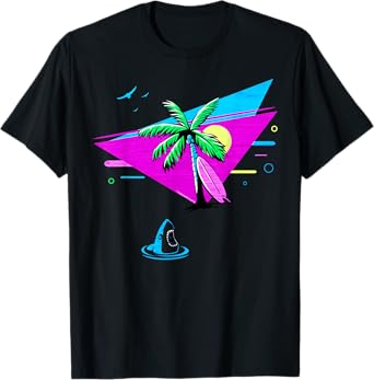 Fun Retro Tropical Vaporwave Palm Trees Shark and Surfboard T-Shirt