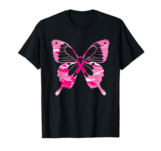 Camouflage Butterfly Pink Ribbon Breast Cancer Awareness T-Shirt