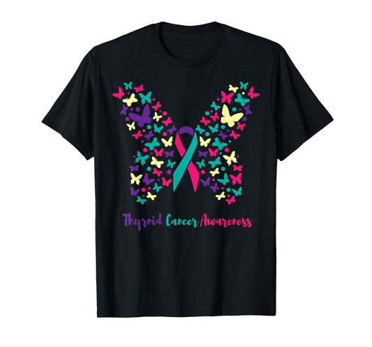 Thyroid Cancer Awareness Shirt, Butterfly Teal, Pink, Purple T-Shirt