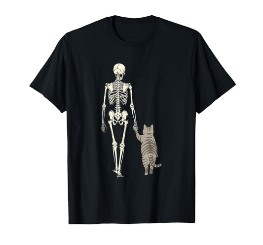 Cute Halloween Skeleton and Cat Holding Hands Walking T-Shirt