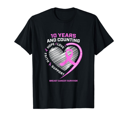 Womens 10 Year Breast Cancer Survivor Gifts Warrior Fight Awareness T-Shirt