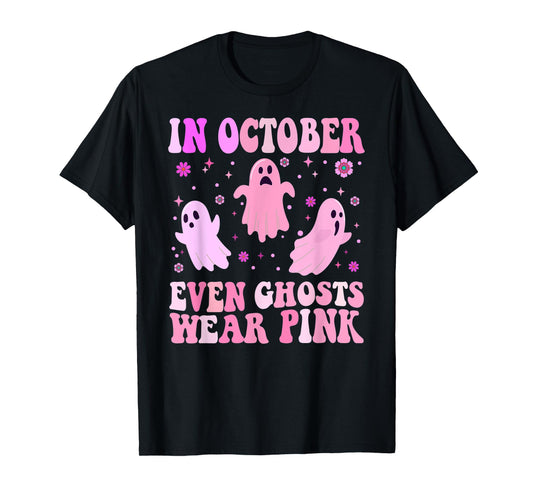 Breast Cancer October Even Ghost Wear Pink Groovy Halloween T-Shirt