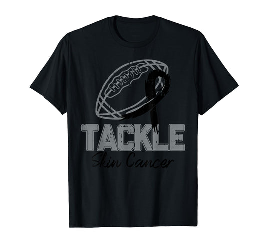 Tackle Melanoma Skin Cancer Awareness Football Black Ribbon T-Shirt
