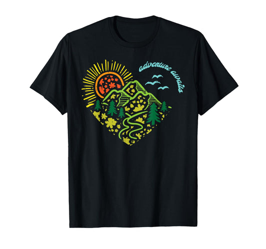 Adventure Awaits Mountains Sun Camping Hiking Women Kids Men T-Shirt