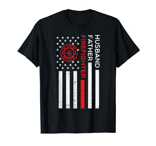 Husband Father Firefighter US Flag Fathers Day Fireman Men T-Shirt
