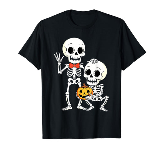 Cute Halloween Skeletons Holding Pumpkin Funny Cartoon T-Shirt