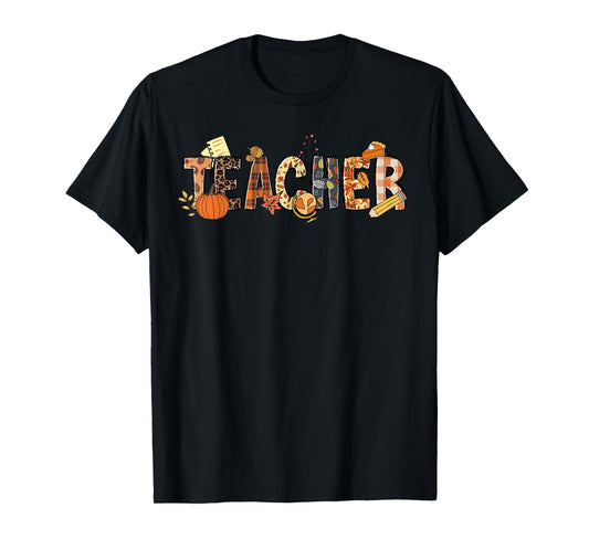 Teacher Thanksgiving Women Autumn Fall Halloween Pumpkin Tee T-Shirt
