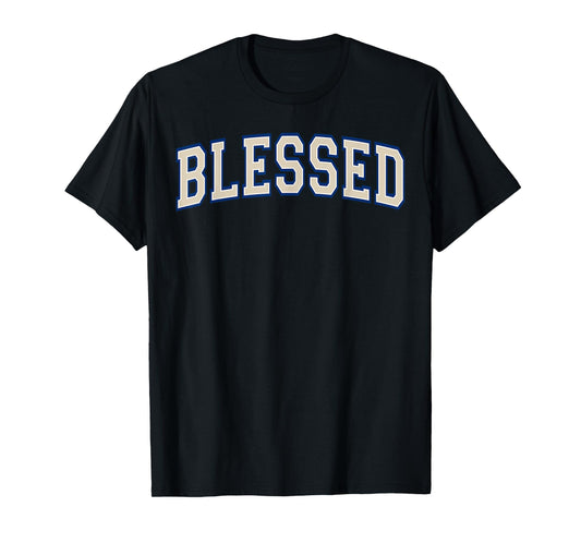 Blessed Christian Faith Ivory and Blue Varisty Letters T-Shirt