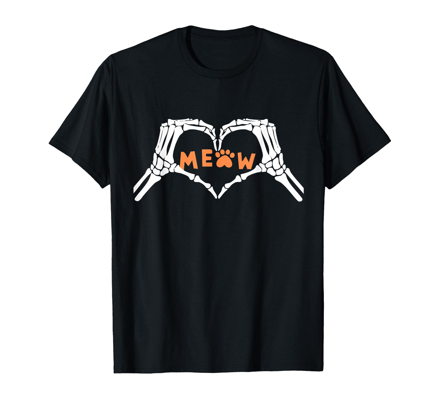 Meow Cute Cats Funny Skeleton Hands Heart Sign Halloween T-Shirt