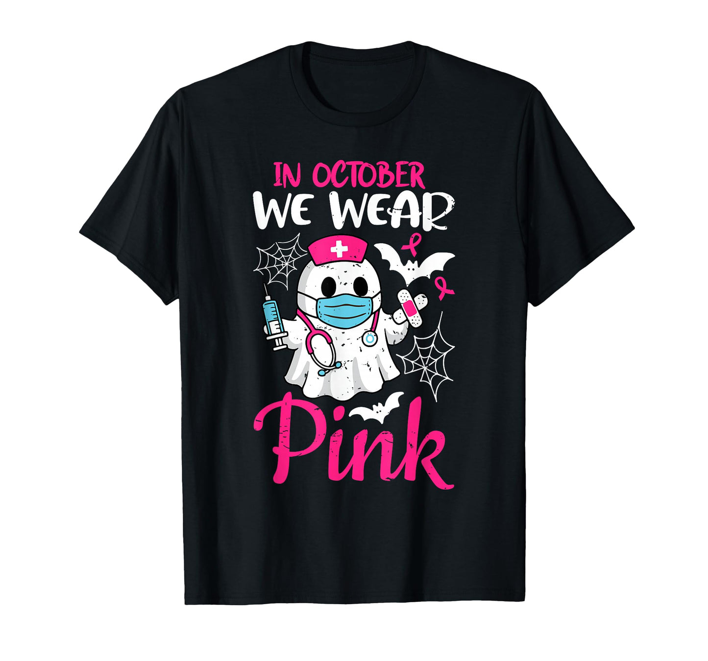 Ghost Nurse Halloween Nursing Breast Cancer Pink Ribbon T-Shirt