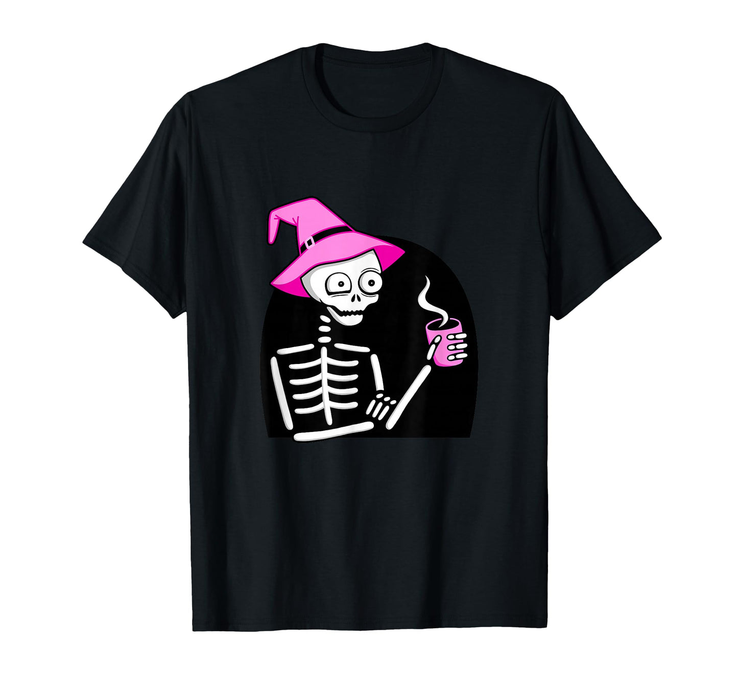 Skeleton Drinking Coffee Pink Witch Hat Halloween Funny T-Shirt