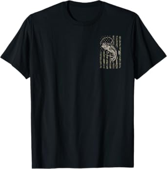 Fishing Camo American Flag Bass Fish Front and Back T-Shirt