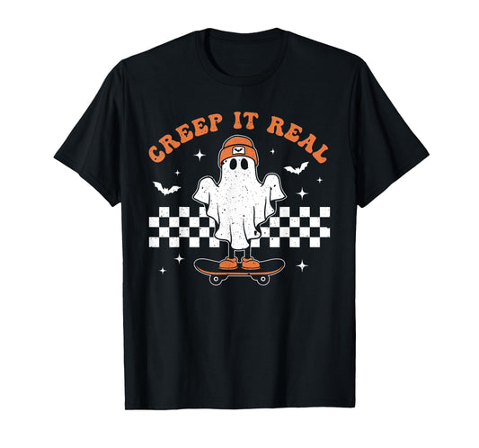 Creep it Real Ghost Skateboard Retro Cute Halloween Boy Girl T-Shirt