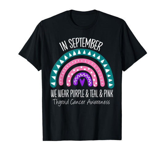 Rainbow September Teal Pink Thyroid Cancer Awareness Ribbon T-Shirt