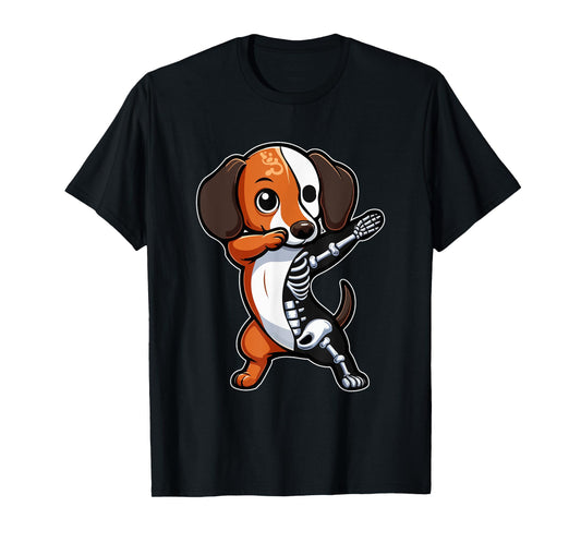 Dabbing Dachshund Half Skeleton Halloween Costume Owner T-Shirt