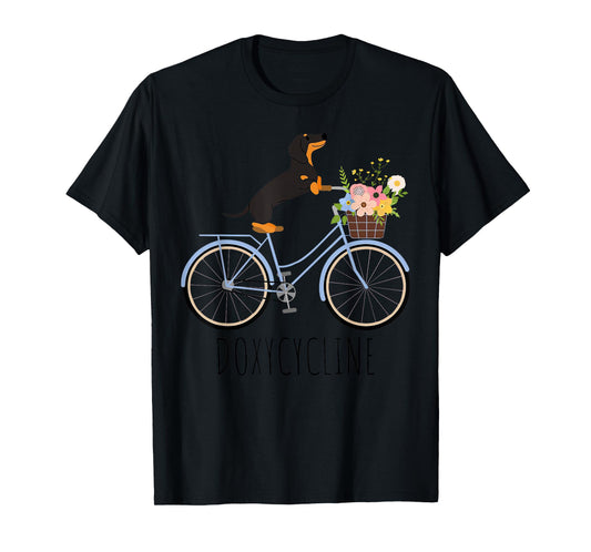 Doxycycline Pharmacy Pun Funny Dachshund on Bicycle Flower T-Shirt