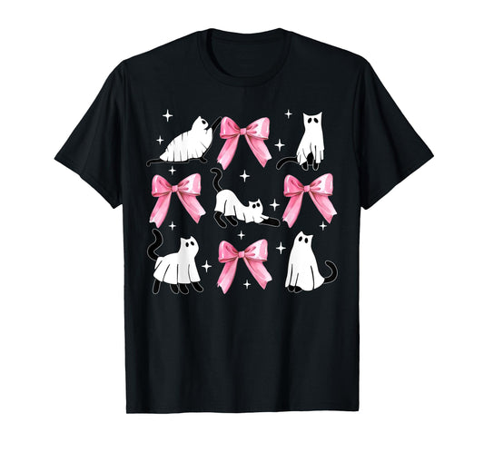 Ghost Cat Boo Costume Cute Pink Bow Coquette Kitty Halloween T-Shirt for Men Women Kids