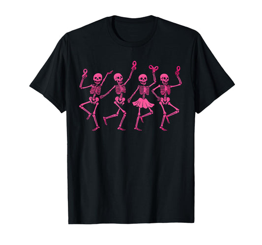 Dancing Skeletons Ribbon Breast Cancer Awareness Halloween T-Shirt