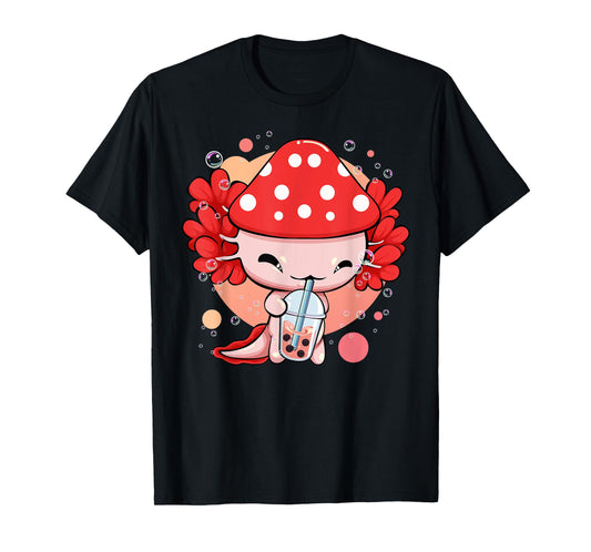 Cottagecore Kawaii Anime Axolotl Boba Tea With Mushroom Hat T-Shirt