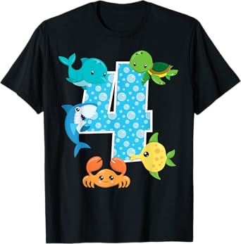 4th Birthday Party 4 Year Old Sea Fish Aquarium Birthday Boy T-Shirt