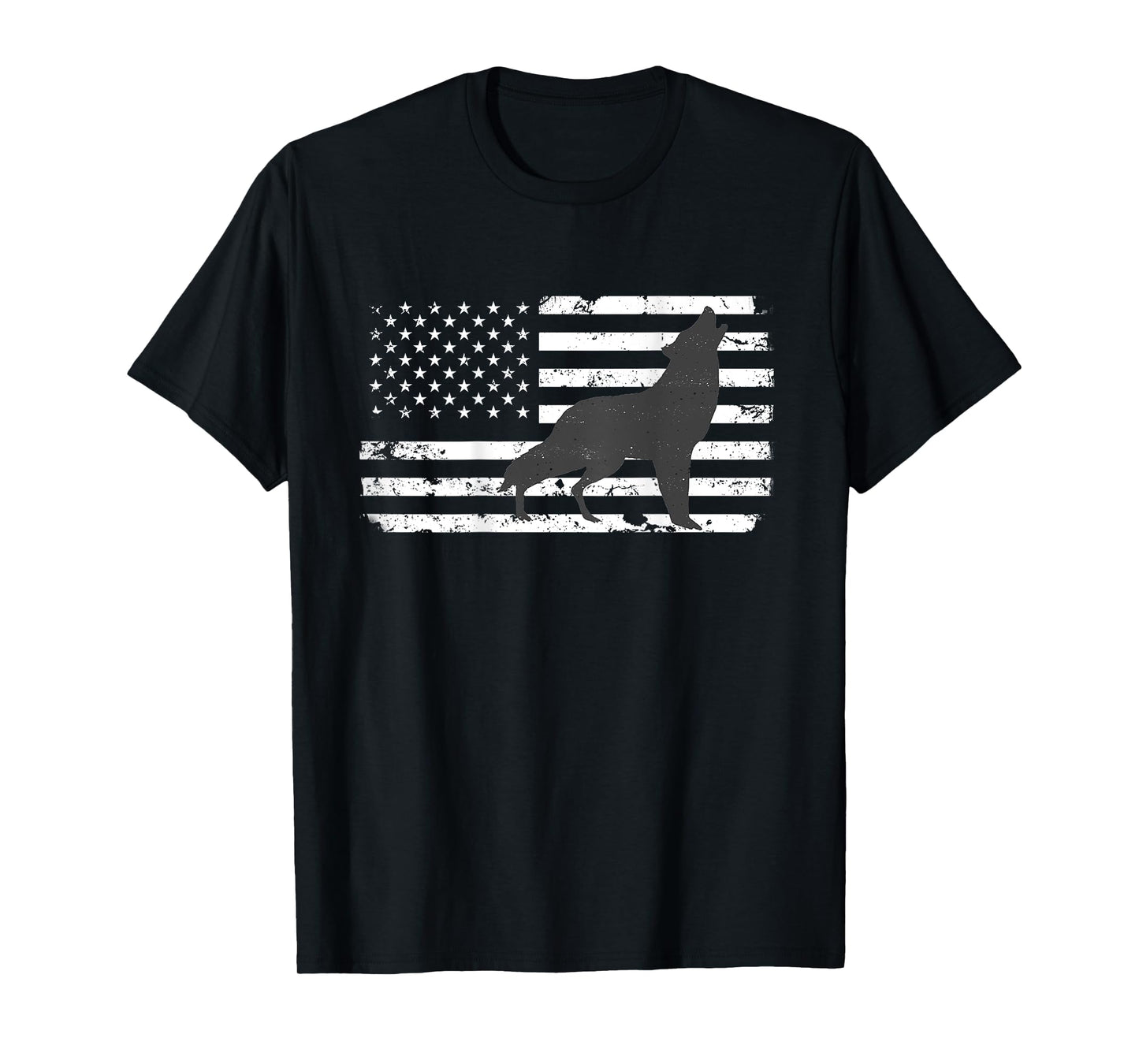 Gray Lone Wolf Distressed American Flag BACK PRINT T-Shirt T-Shirt
