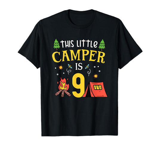 9th Birthday Little Camper Nine Years Old Camping Party T-Shirt