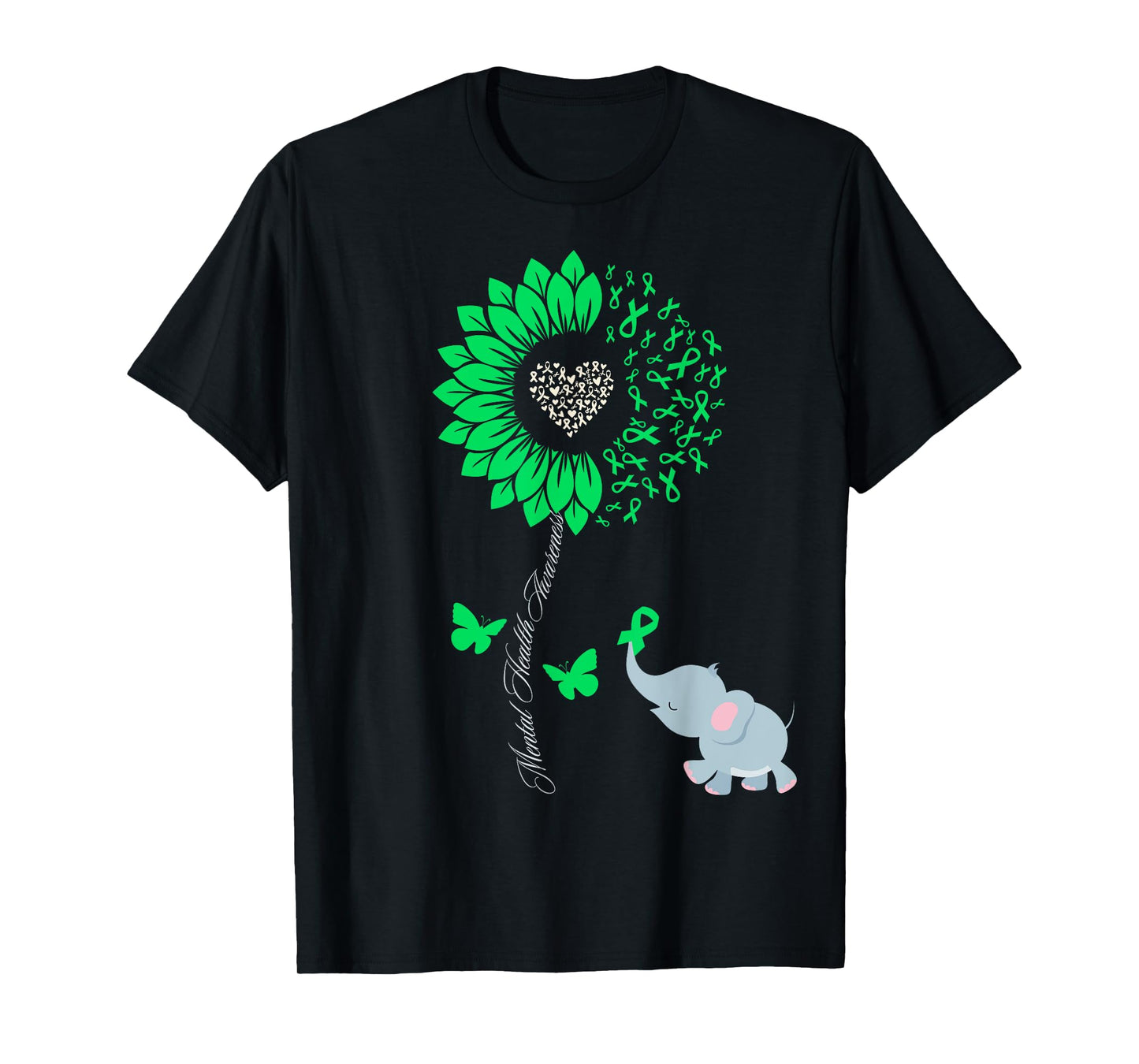 Mental Health Awareness Sunflower Elephant Butterfly Green T-Shirt