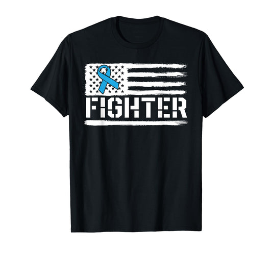 Prostate Cancer Fighter Blue American Flag Awareness Ribbon Women Kids Men T-Shirt
