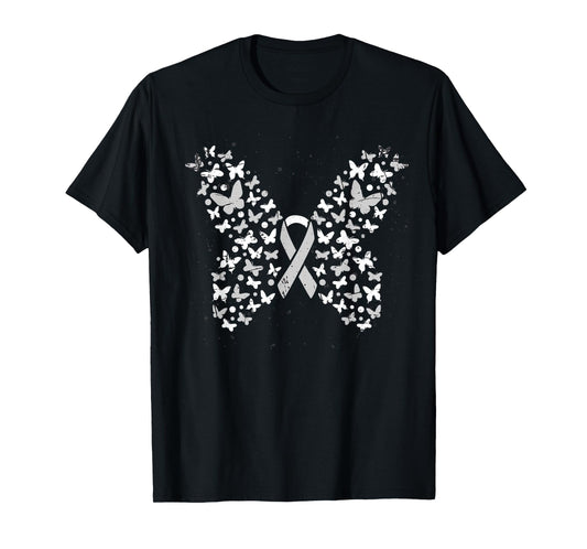 White Ribbon Cancer Warrior Butterfly Lung Cancer Awareness T-Shirt