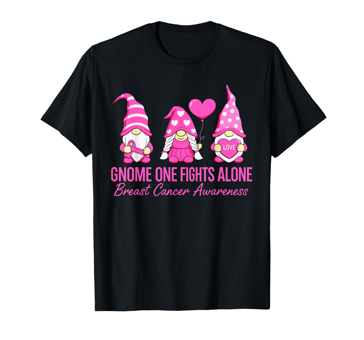 Gnome One Fights Alone Breast Cancer Awareness Pink Ribbon T-Shirt