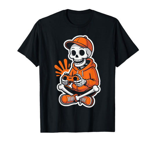 Cool Skeleton Gamer Video Gaming Night Funny Halloween Play T-Shirt