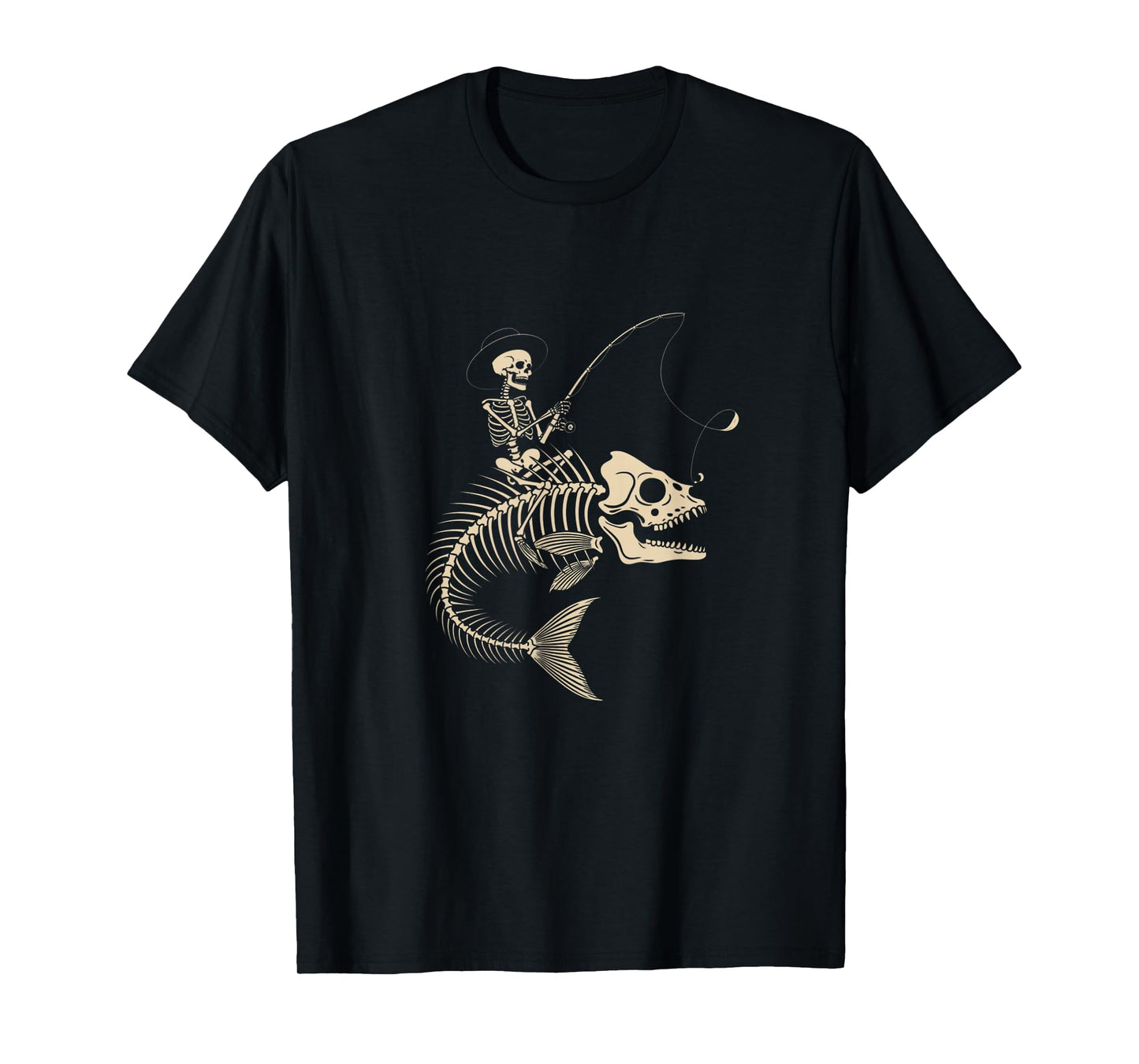 Skeleton Fisherman Riding Giant Fish Bones Halloween T-Shirt