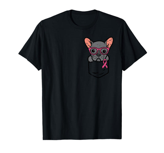Pocket French Bulldog Pink Ribbon Breast Cancer Awareness T-Shirt