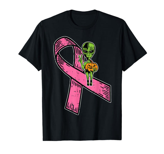 Pink Ribbon Alien Pumpkin Cool Halloween Breast Cancer Gifts T-Shirt