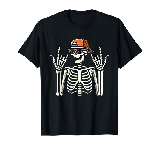 Rocker Skeleton With Cap, Halloween, Men, Rock Hand, Skater T-Shirt