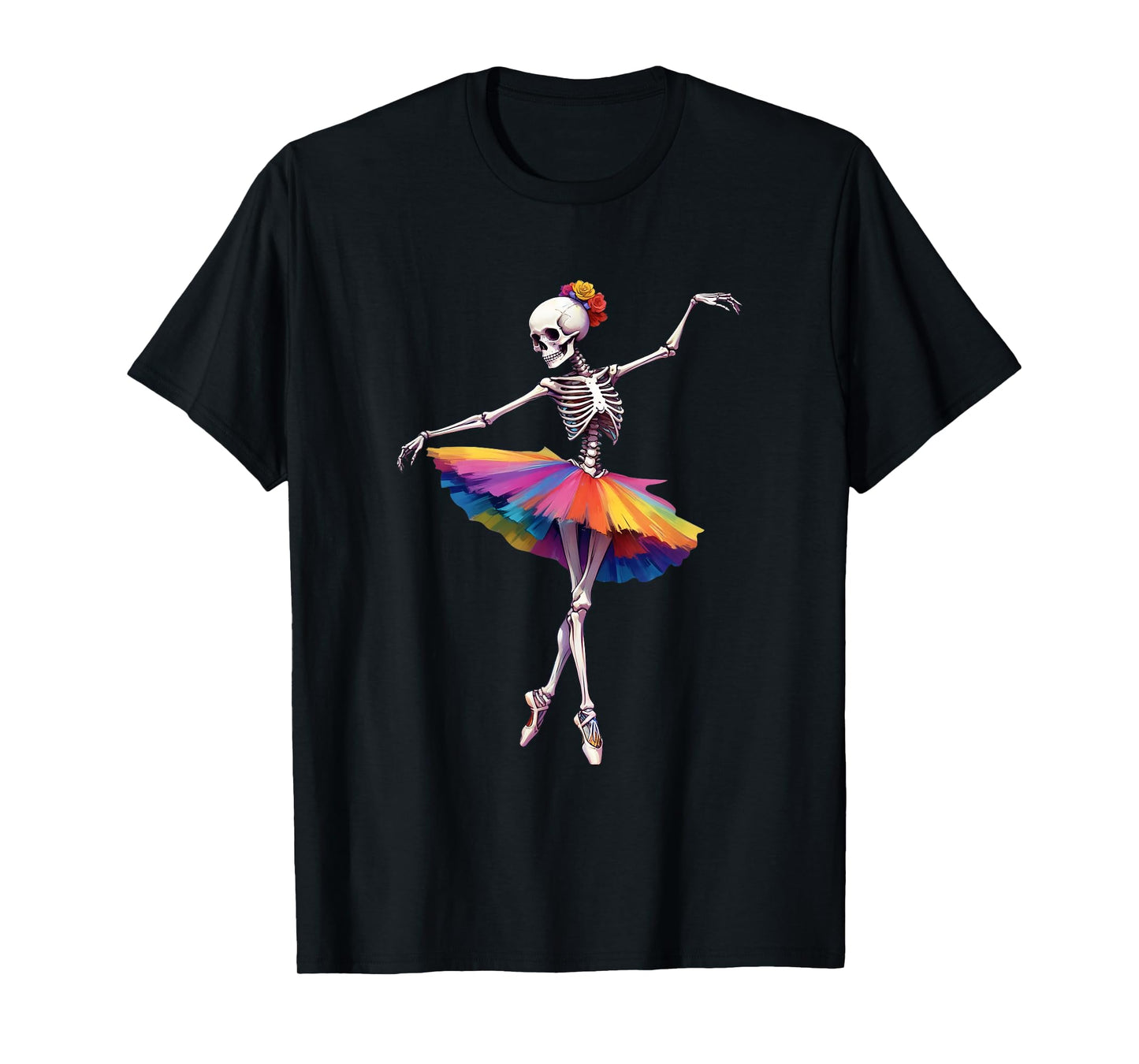 Girls Women Halloween Dancing Skeleton Rainbow Ballerina T-Shirt