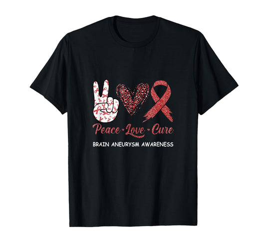 Brain Aneurysm Awareness Peace Love Cure Leopard T-Shirt