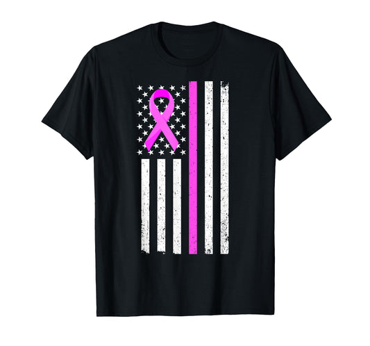 Breast Cancer Awareness Month USA Flag Patriot Pink Ribbon T-Shirt
