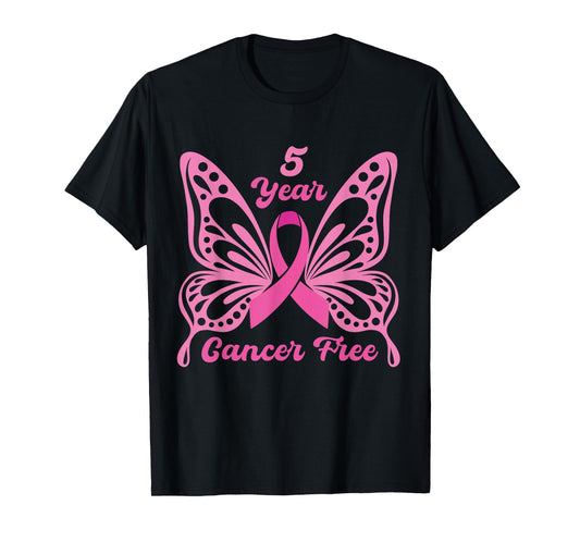 5 Year Cancer Free Breast Cancer Awareness Butterfly Women T-Shirt