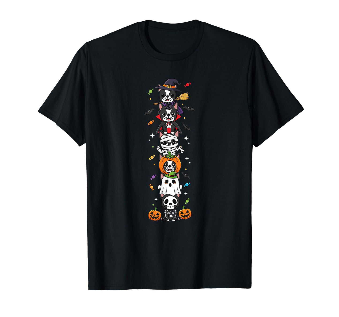 Funny Boston Terrier Witch Ghost Halloween Kids Mens Womens T-Shirt