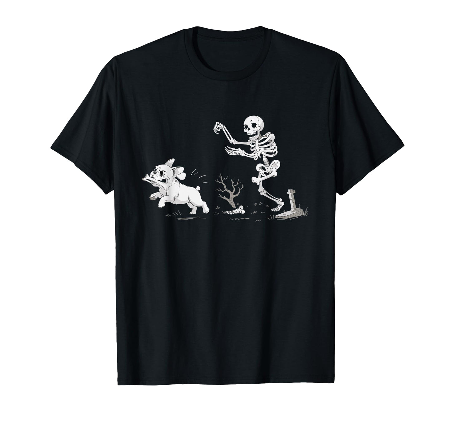 Skeleton Chasing Dog Halloween Funny French Dog Lovers T-Shirt