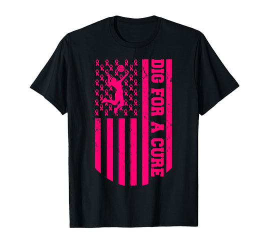 Dig For A Cure Breast Cancer Volleyball Pink American Flag T-Shirt