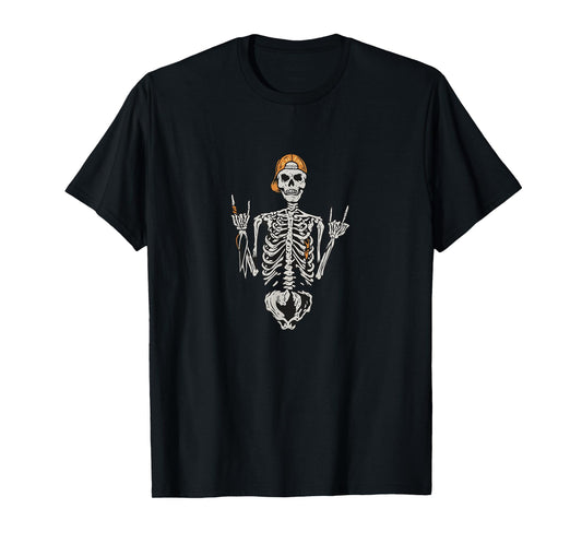 Cool Skeleton in Cap Rock Hand Sign Graphic Tee T-Shirt