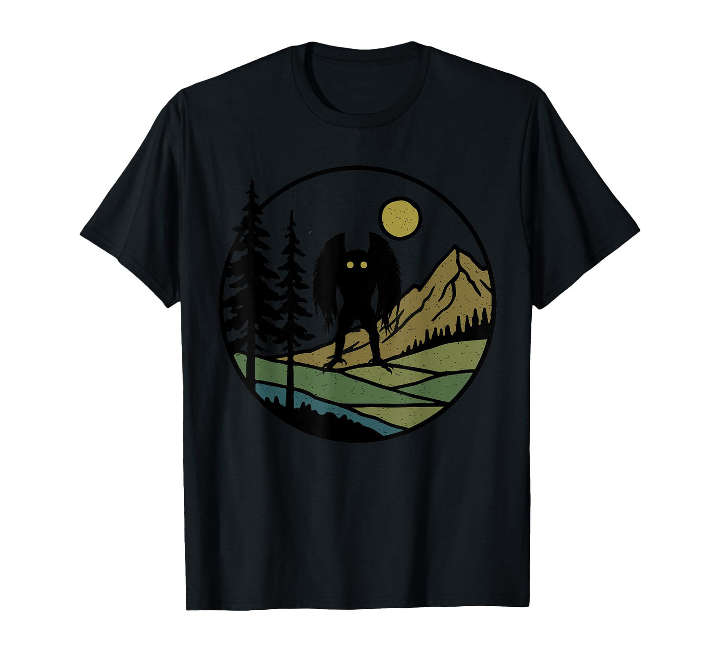 Mothman Vintage Rustic Forest Trees with Mountains Cryptid T-Shirt
