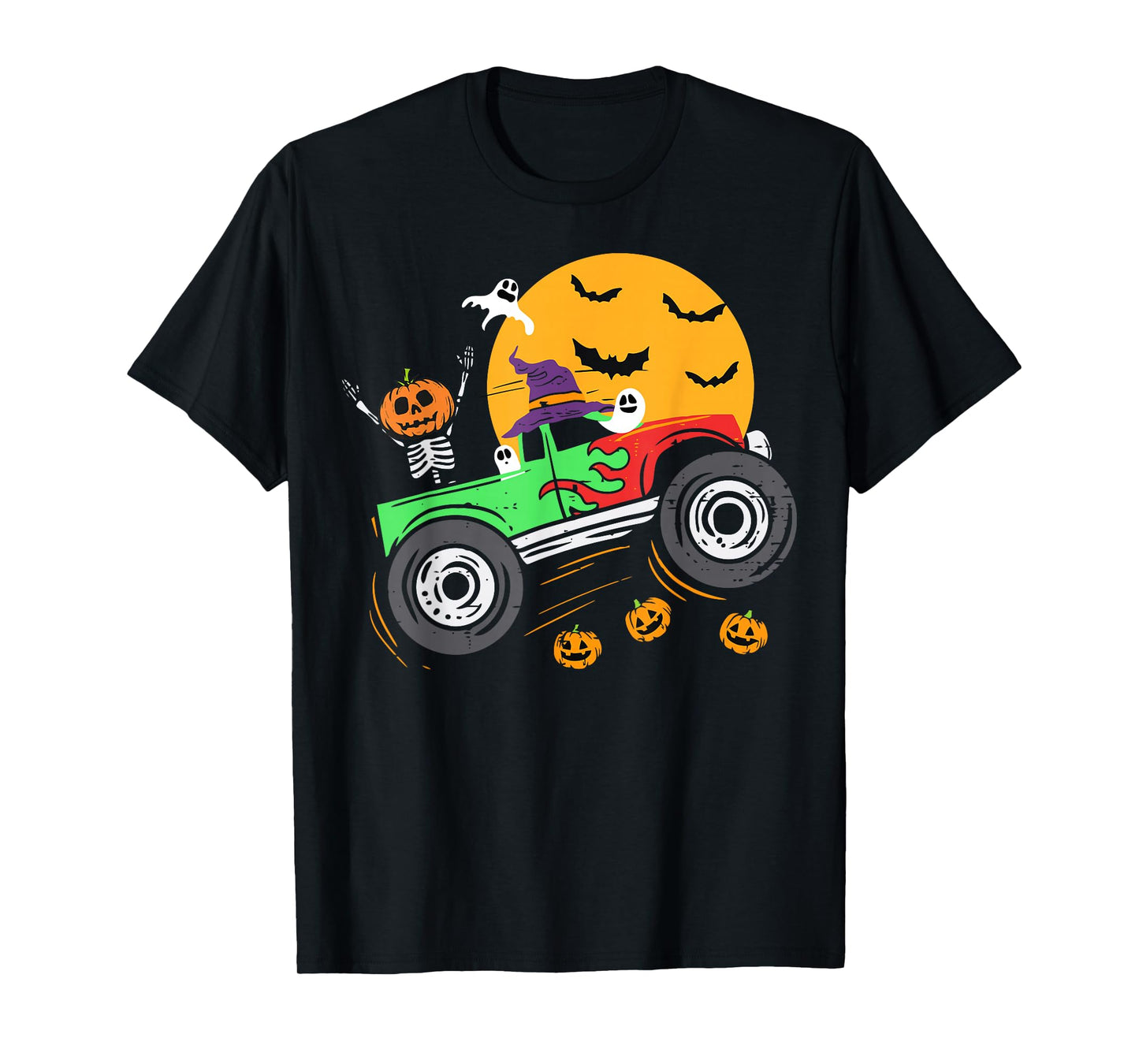 Spooky Skeleton Riding Monster Truck Halloween Boys Girls T-Shirt