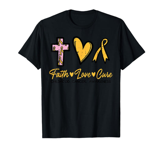 Faith Love Cure Childhood Cancer Awareness Ribbon Christian T-Shirt
