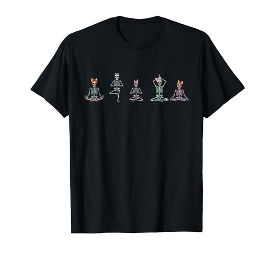 Coquette Bow Skeleton Yoga Poses Funny Halloween Yogi T-Shirt