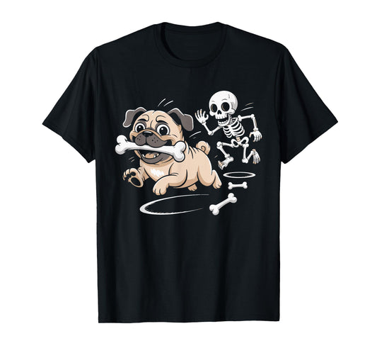 Cute Pug Dog Steals Skeleton Bone Spooky Halloween Costume T-Shirt