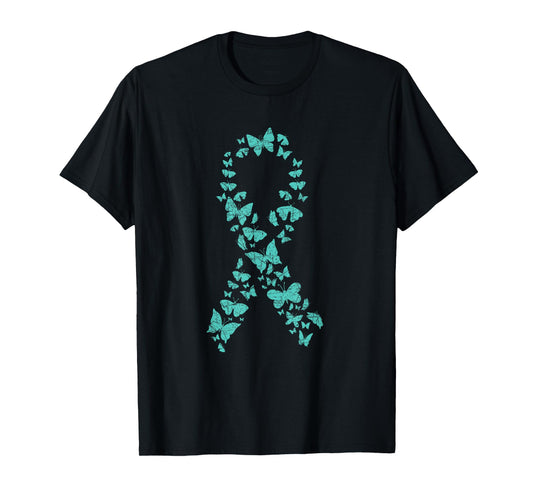 Teal Ribbon Butterflies Ovarian Cancer Awareness T-Shirt