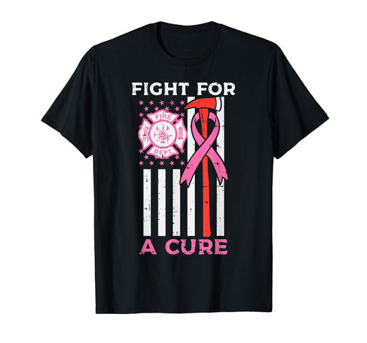 Fight For A Cure Firefighter US Flag Breast Cancer Awareness T-Shirt